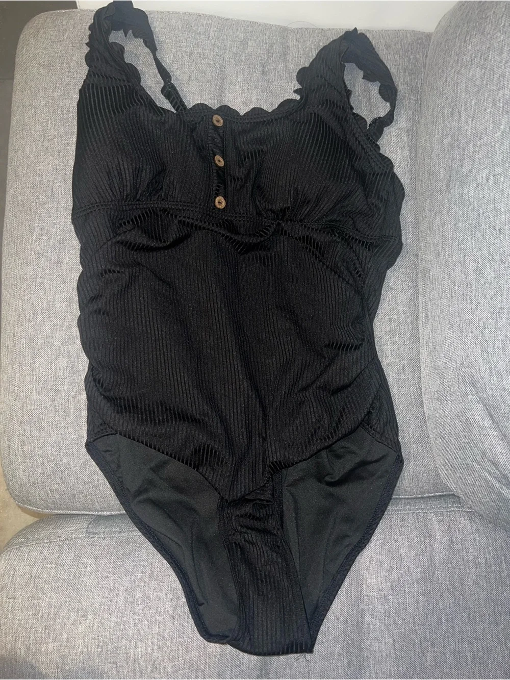 Black Ribbed Scalloped Neck One-Piece Swimsuit